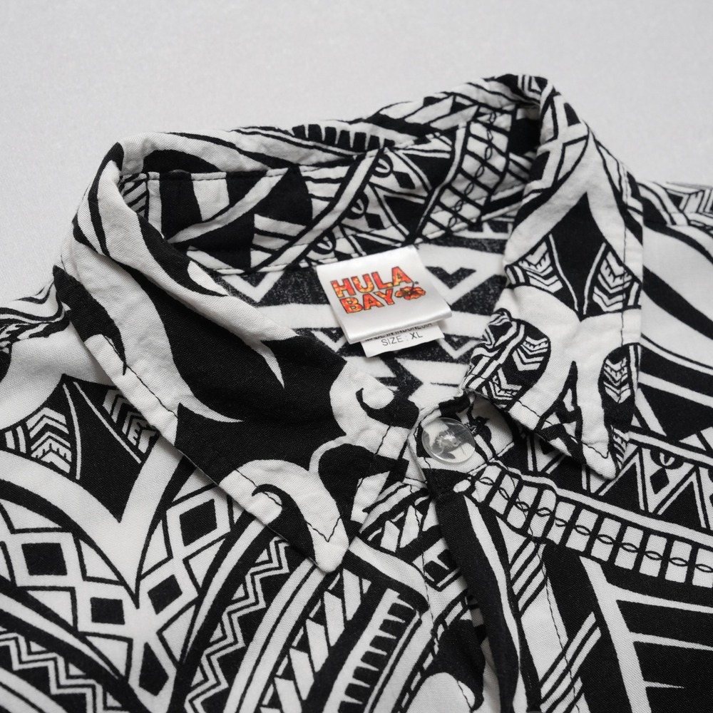 Hula Bay Aloha Shirt Mens XL Black White Polynesian Tribal Rayon Short Sleeve - Picture 5 of 16